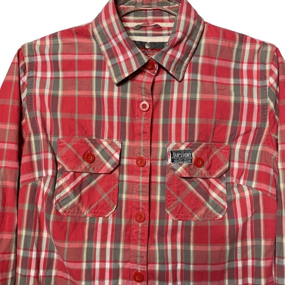 Womens Superdry Red/White PLAID SHIRT size L button up 3/4 sleeve - Picture 2 of 11